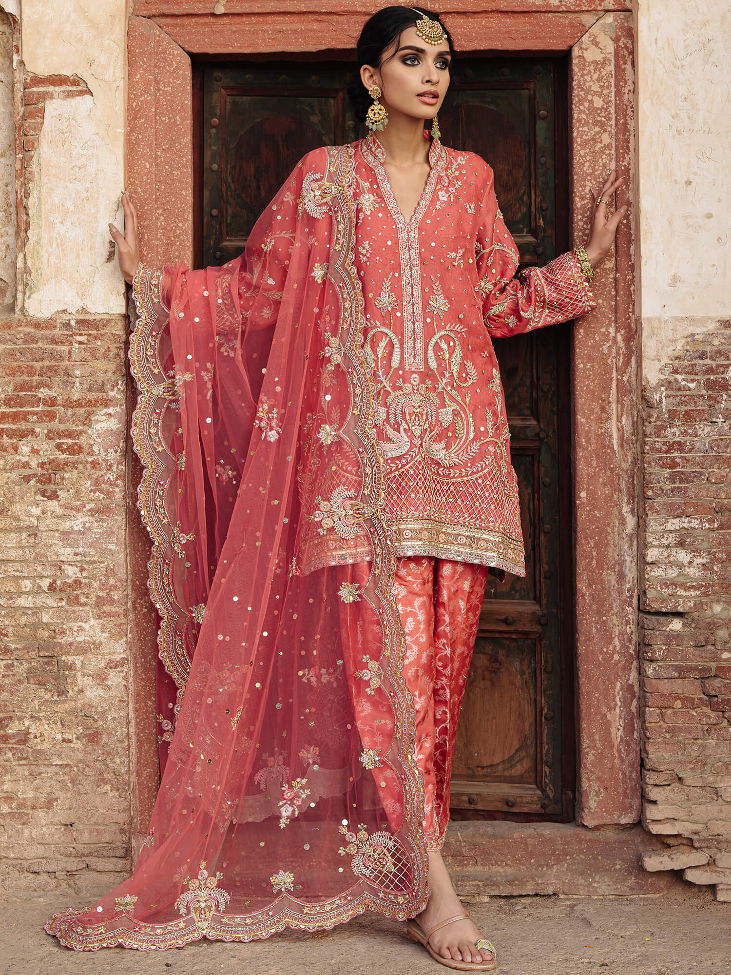 Coral Zardozi Embroidered Organza Salwar Kameez (3-Piece) - Image 1