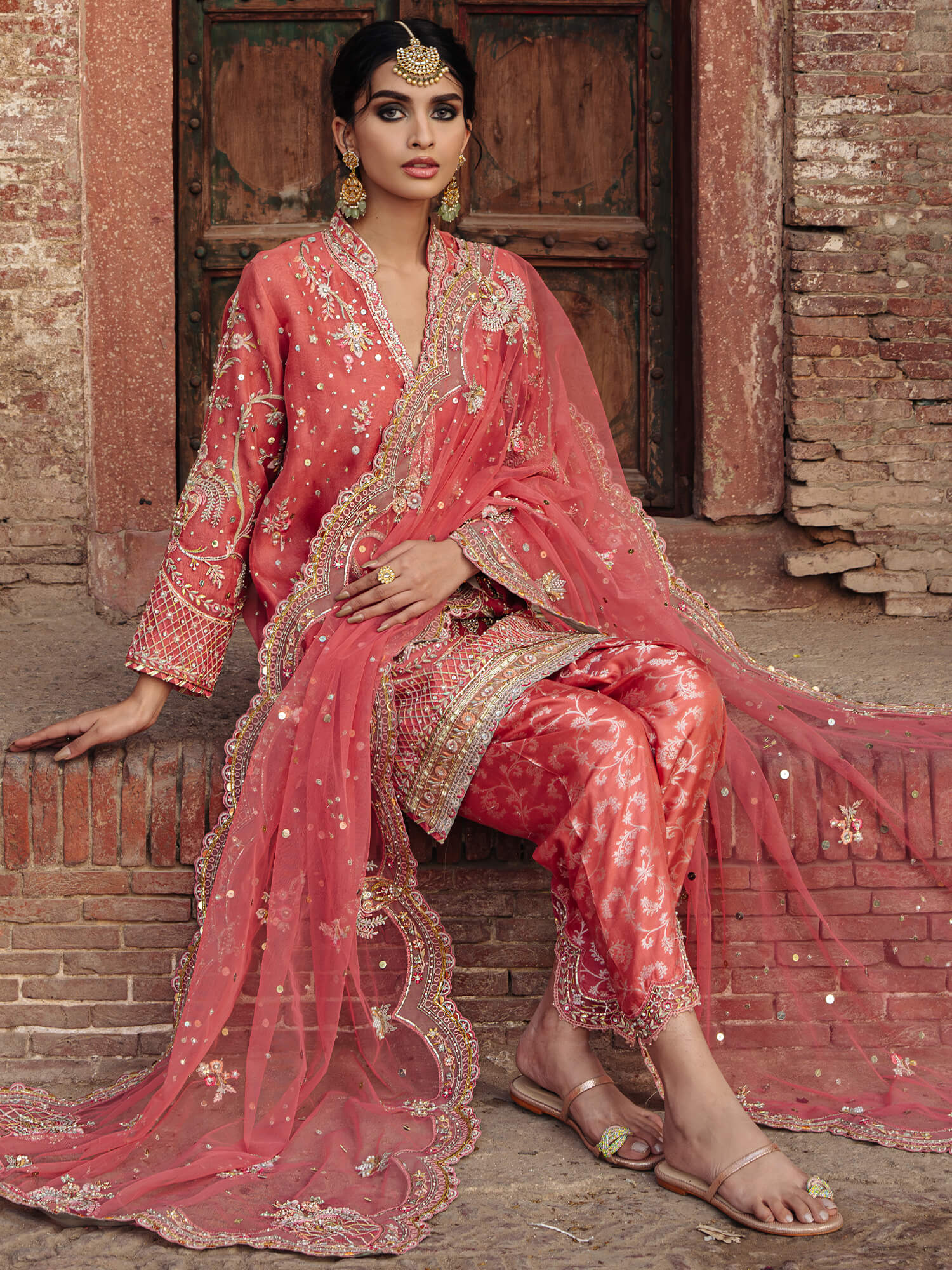 Coral Zardozi Embroidered Organza Salwar Kameez (3-Piece) - Image 3