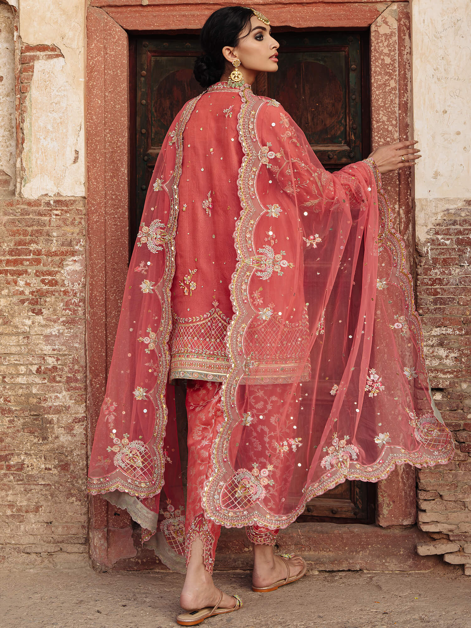 Coral Zardozi Embroidered Organza Salwar Kameez (3-Piece) - Image 4