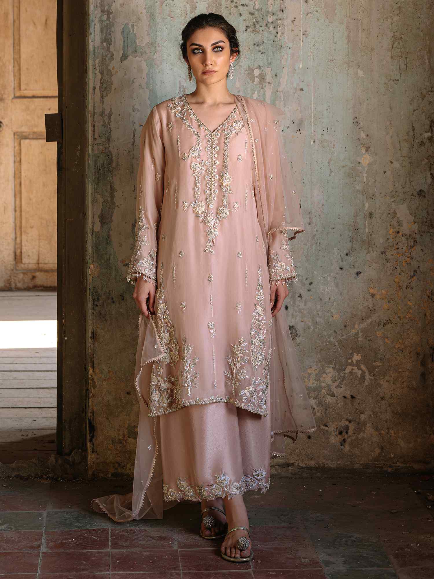 Light Pink Zardozi Organza Salwar Kameez (3-Piece) - Image 1