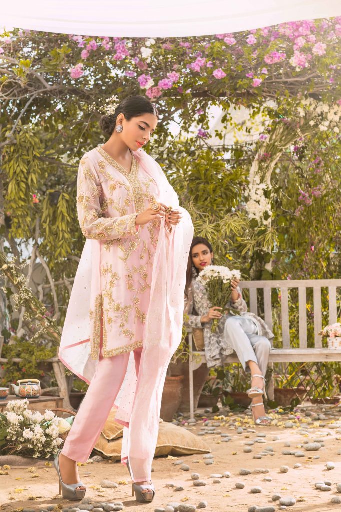 Pakistani Blush Pink Zardozi Pure Organza Net Suit (3-Piece) - Image 1