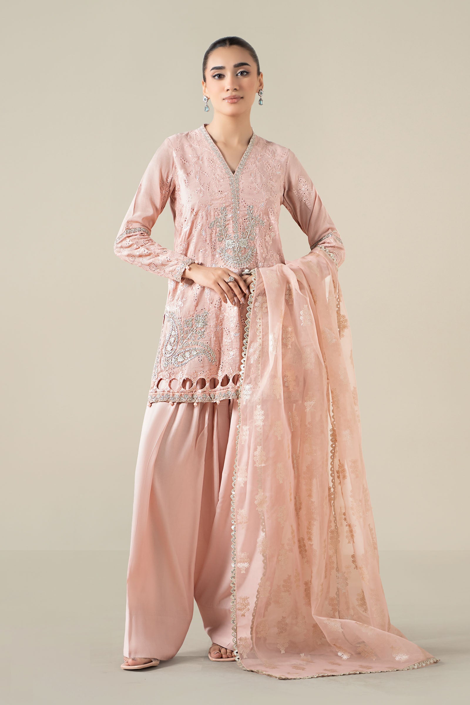 Peach Embroidered Paper Cotton Salwar Kameez (3-Piece) - Image 1
