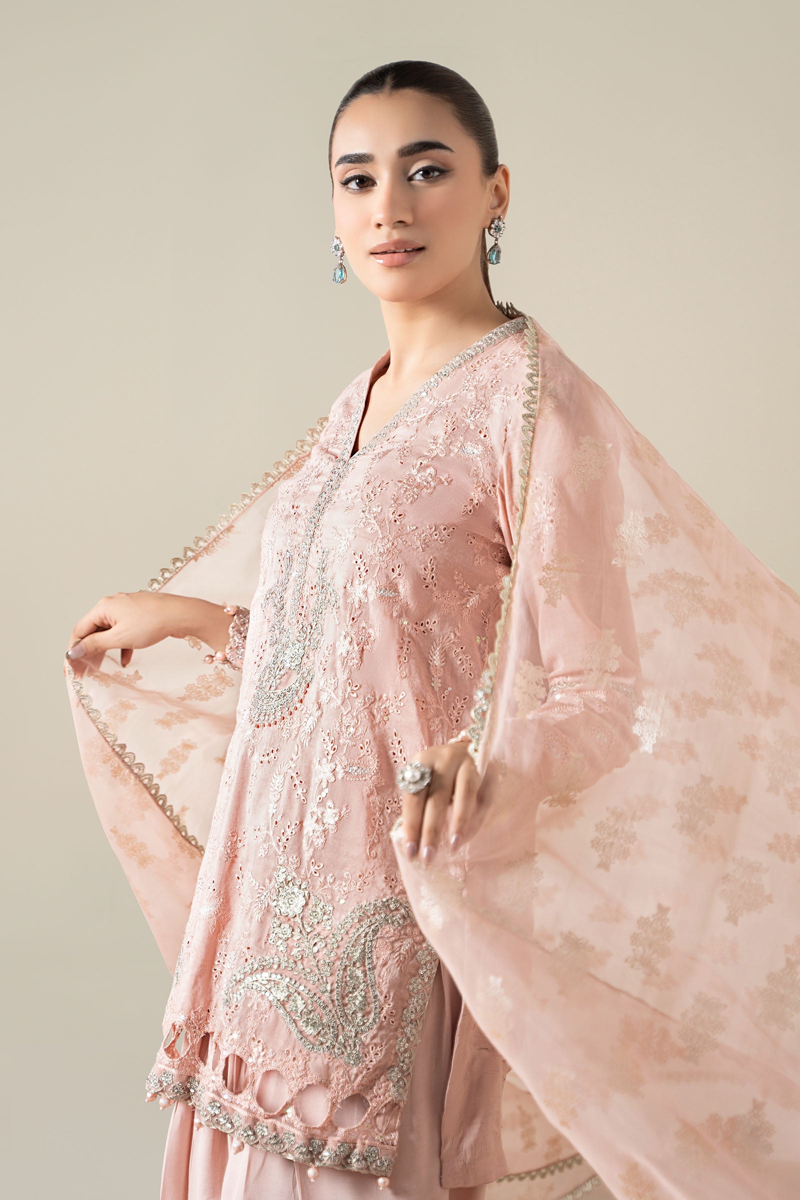 Peach Embroidered Paper Cotton Salwar Kameez (3-Piece) - Image 3