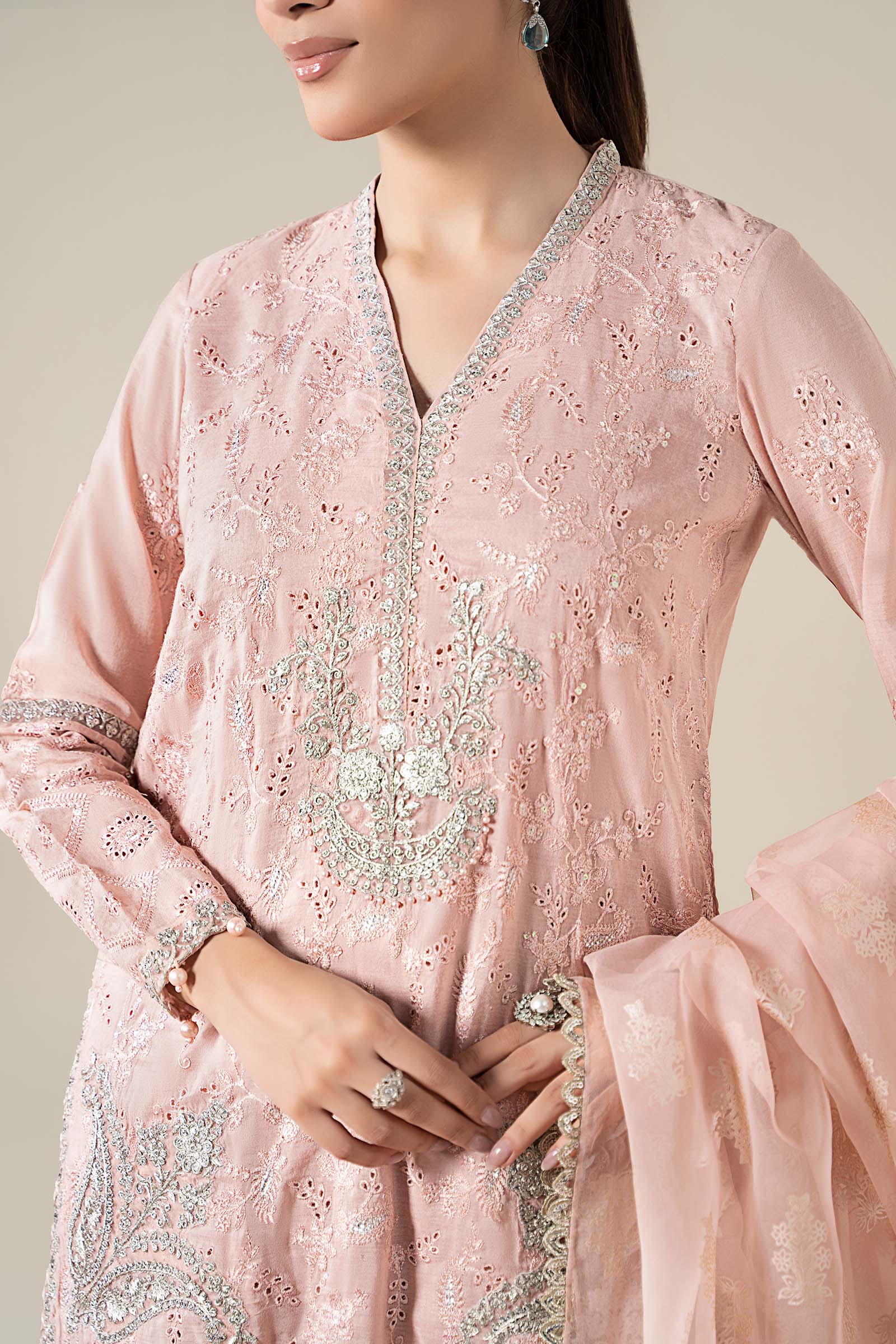Peach Embroidered Paper Cotton Salwar Kameez (3-Piece) - Image 5