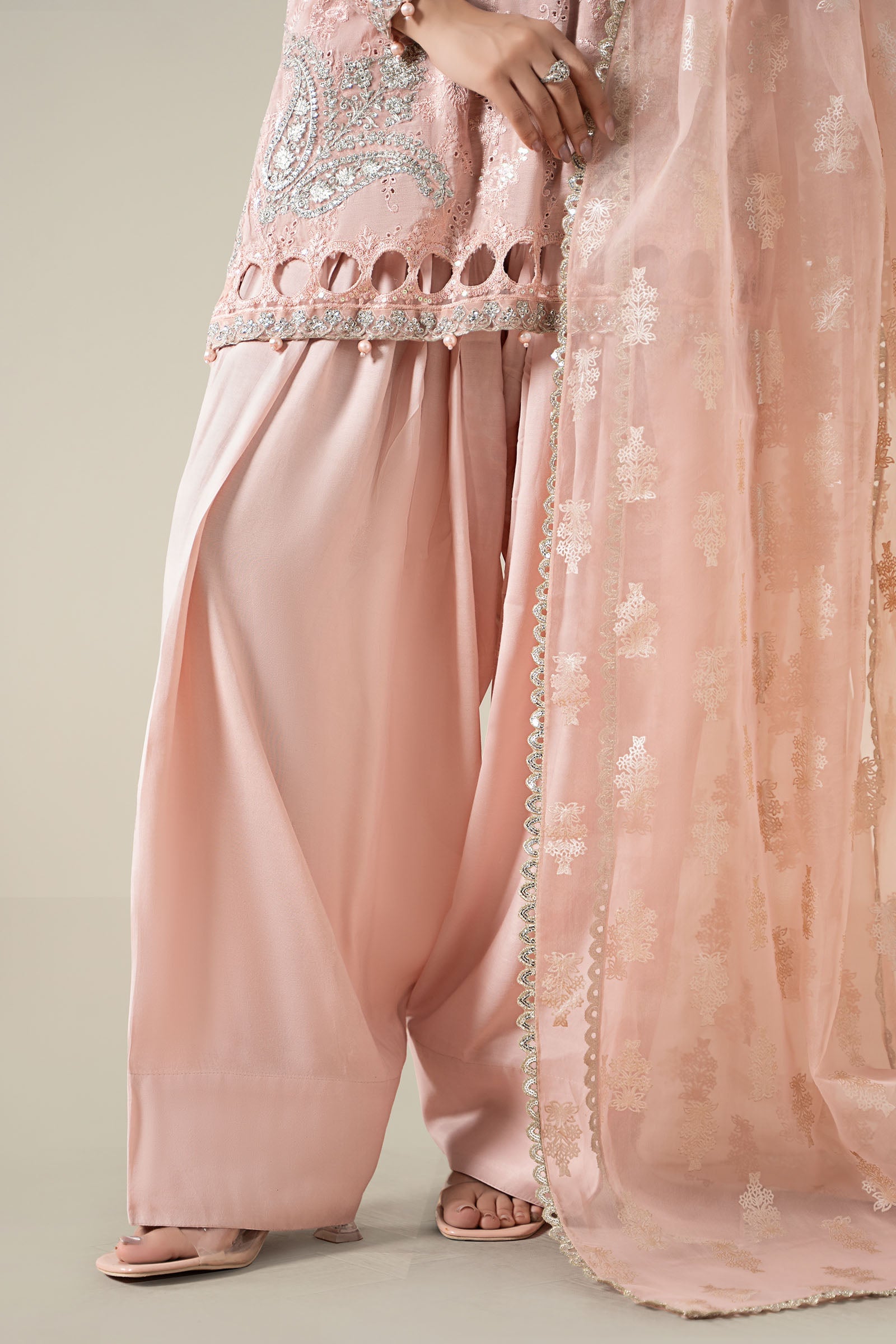 Peach Embroidered Paper Cotton Salwar Kameez (3-Piece) - Image 6