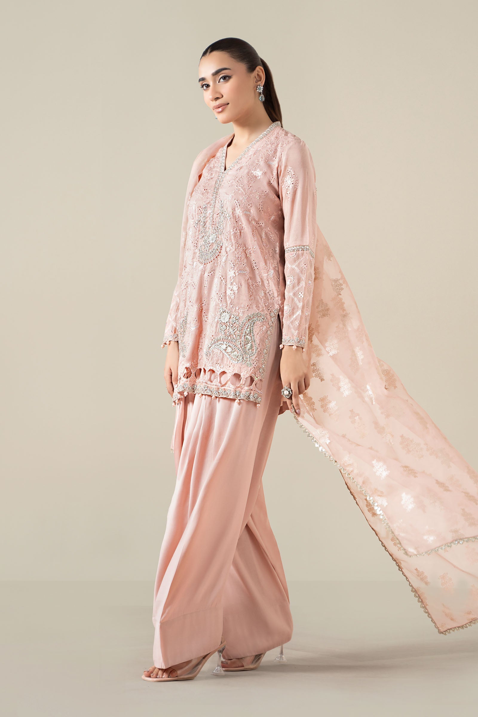 Peach Embroidered Paper Cotton Salwar Kameez (3-Piece) - Image 8