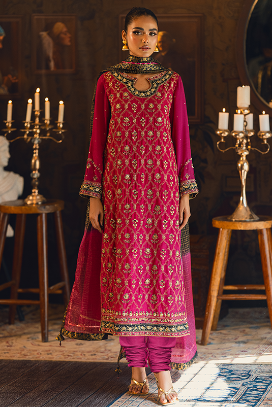 Pakistani Magenta Embroidered PK Raw Silk Salwar Kameez (3-Piece) - Image 2