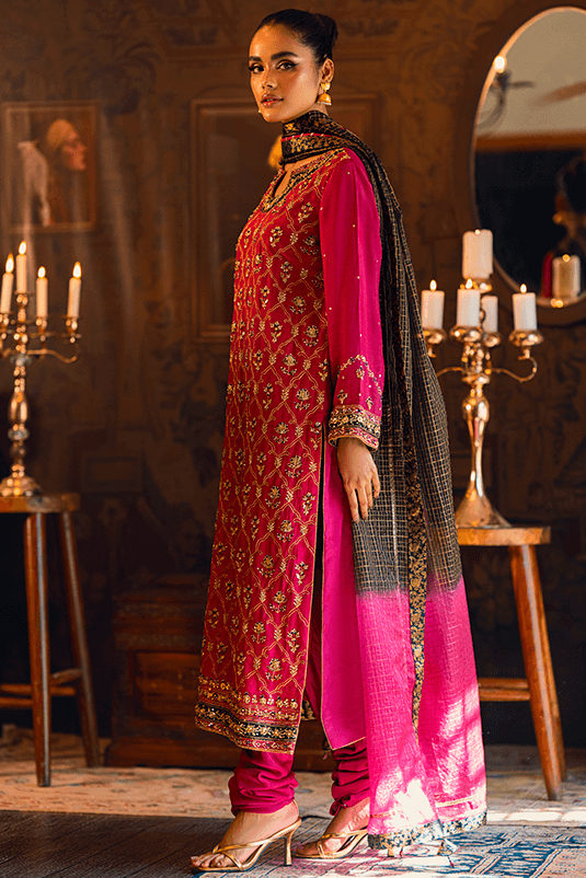 Pakistani Magenta Embroidered PK Raw Silk Salwar Kameez (3-Piece) - Image 4