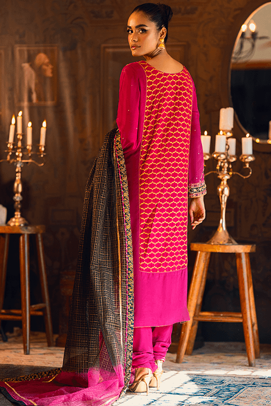 Pakistani Magenta Embroidered PK Raw Silk Salwar Kameez (3-Piece) - Image 5
