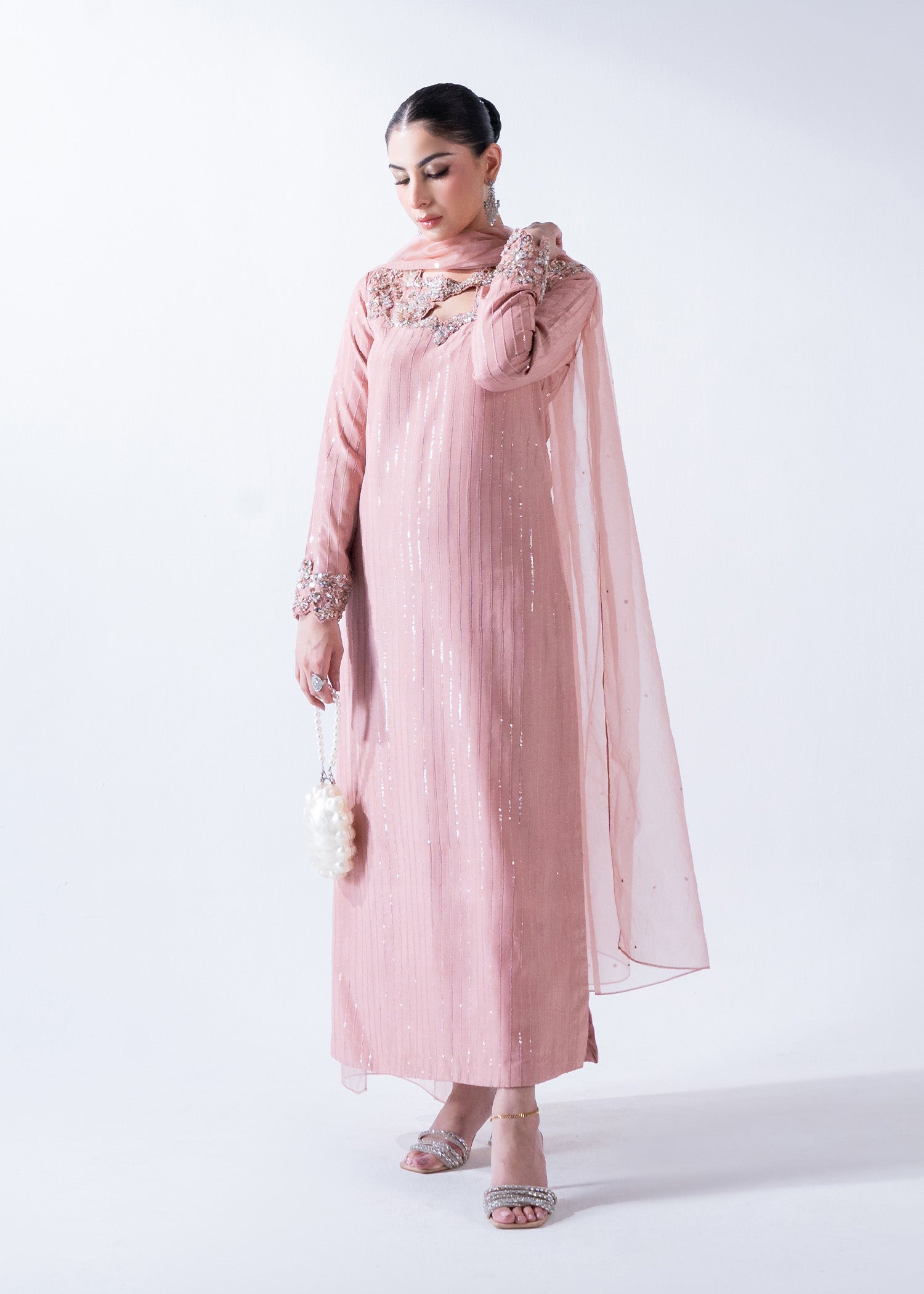 Peach Ada Work Poly Silk Salwar Kameez (3-Piece) - Image 1