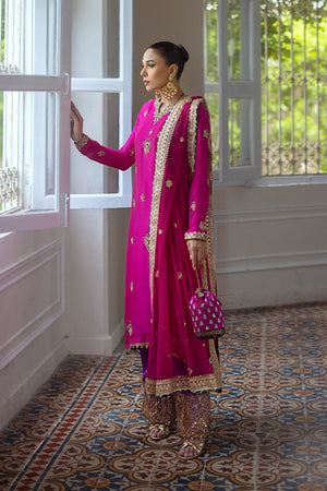 Pakistani Fuchsia Gold Embroidered Pure Silk Salwar Kameez (3-Piece) - Image 1