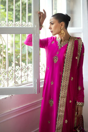 Pakistani Fuchsia Gold Embroidered Pure Silk Salwar Kameez (3-Piece) - Image 2