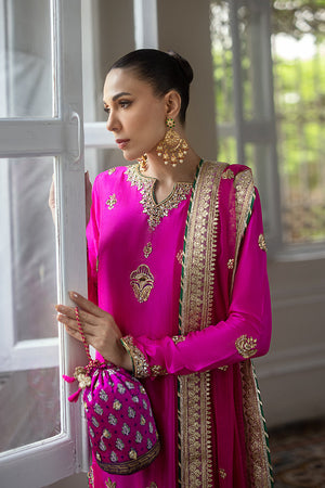 Pakistani Fuchsia Gold Embroidered Pure Silk Salwar Kameez (3-Piece) - Image 3