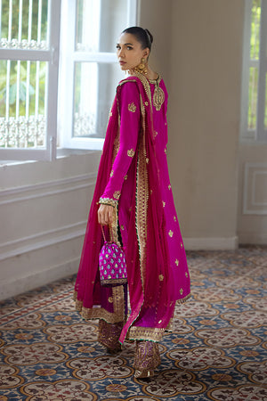 Pakistani Fuchsia Gold Embroidered Pure Silk Salwar Kameez (3-Piece) - Image 4