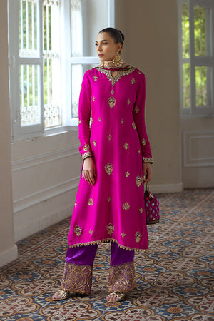 Pakistani Fuchsia Gold Embroidered Pure Silk Salwar Kameez (3-Piece) - Image 5