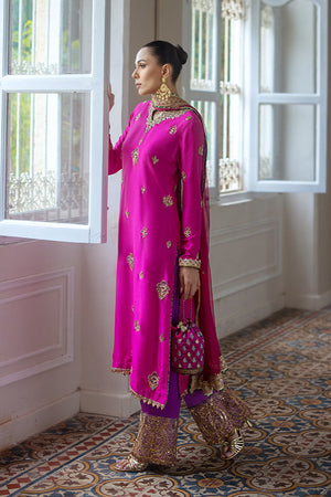 Pakistani Fuchsia Gold Embroidered Pure Silk Salwar Kameez (3-Piece) - Image 6