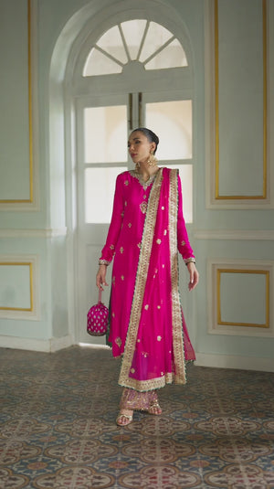 Pakistani Fuchsia Gold Embroidered Pure Silk Salwar Kameez (3-Piece) - Image 7