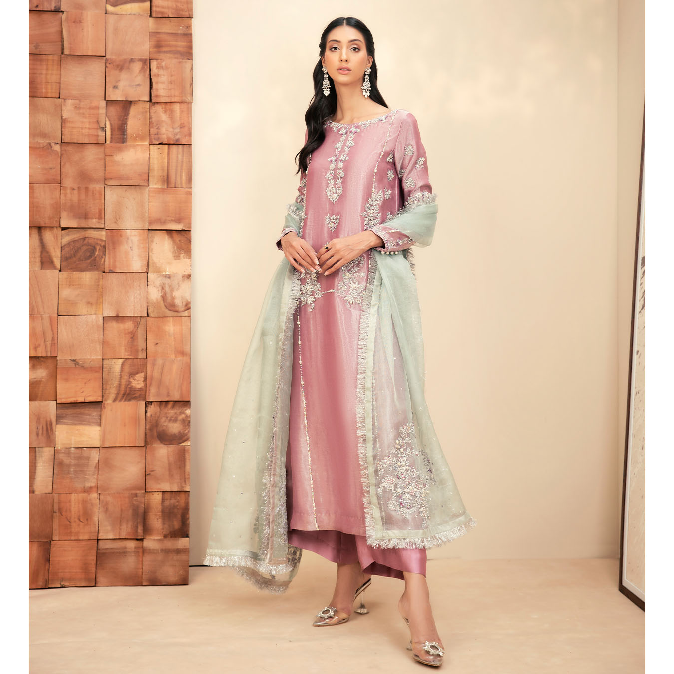 Mauve Embellished Pure Tissue Salwar Kameez (3-Piece) - Image 1