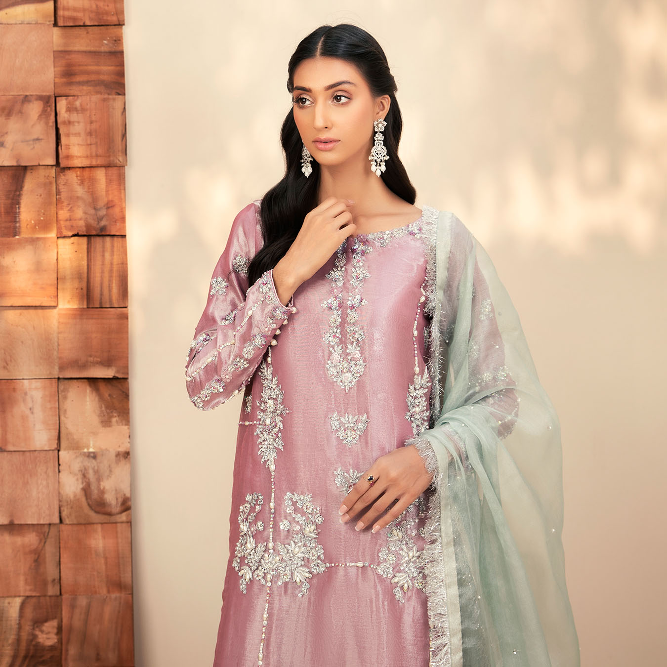 Mauve Embellished Pure Tissue Salwar Kameez (3-Piece) - Image 2