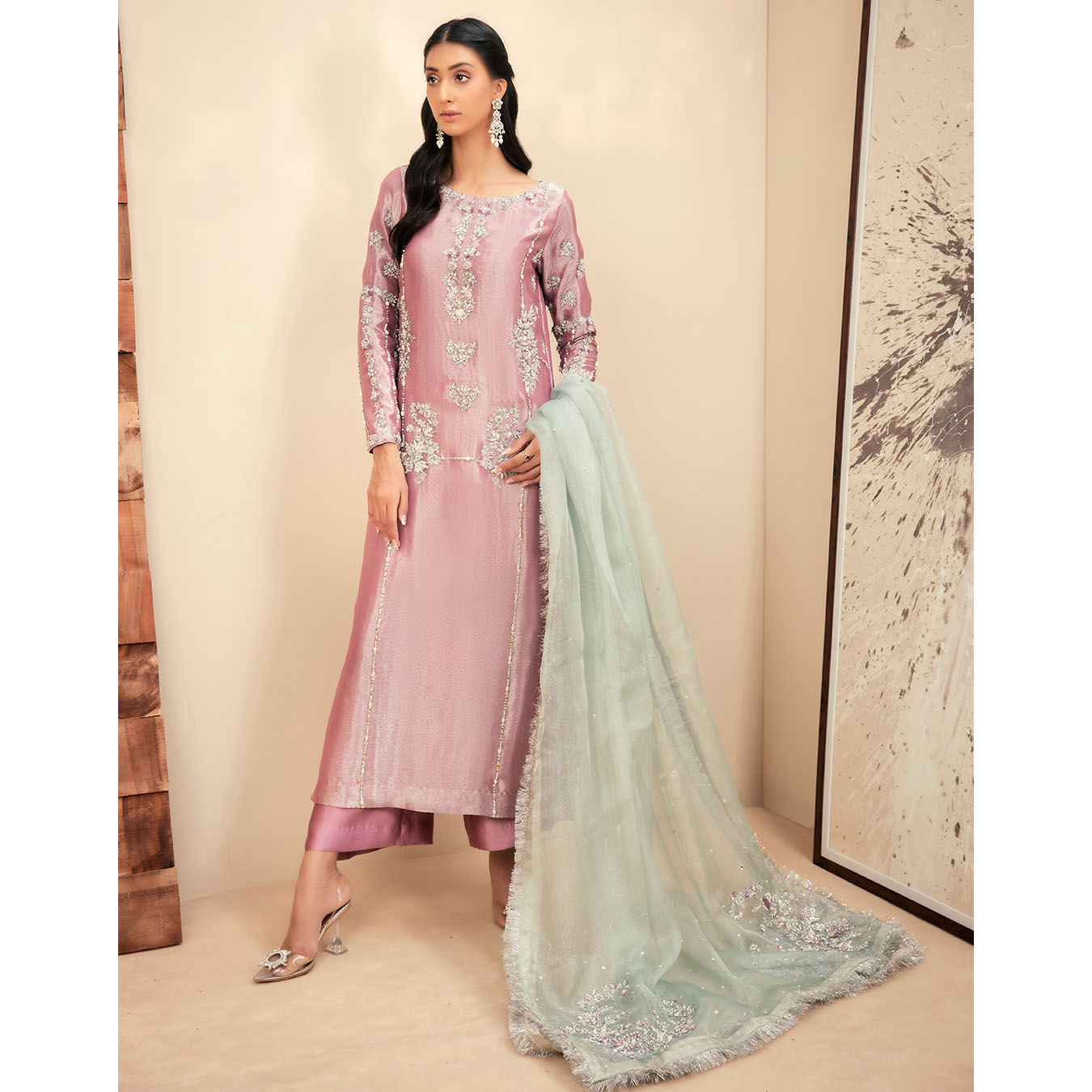 Mauve Embellished Pure Tissue Salwar Kameez (3-Piece) - Image 3