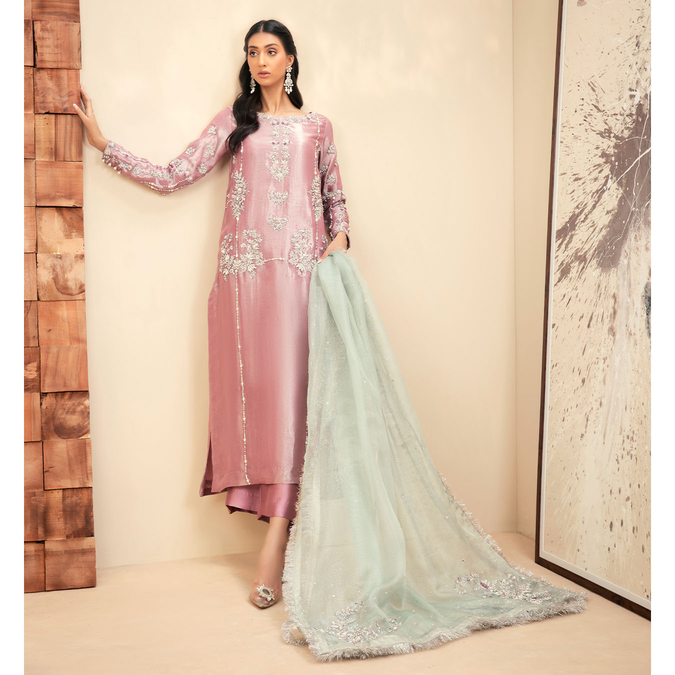 Mauve Embellished Pure Tissue Salwar Kameez (3-Piece) - Image 4
