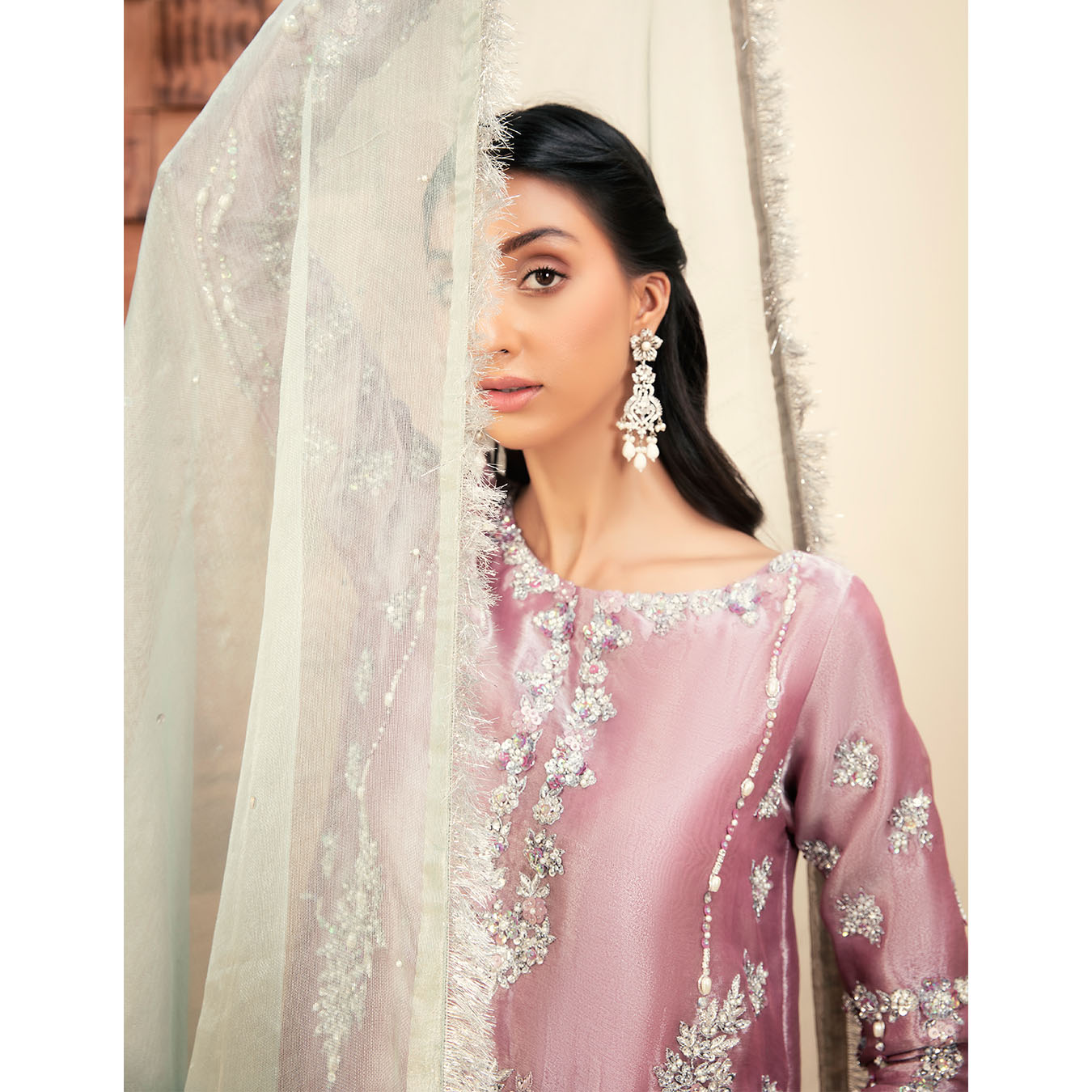 Mauve Embellished Pure Tissue Salwar Kameez (3-Piece) - Image 5