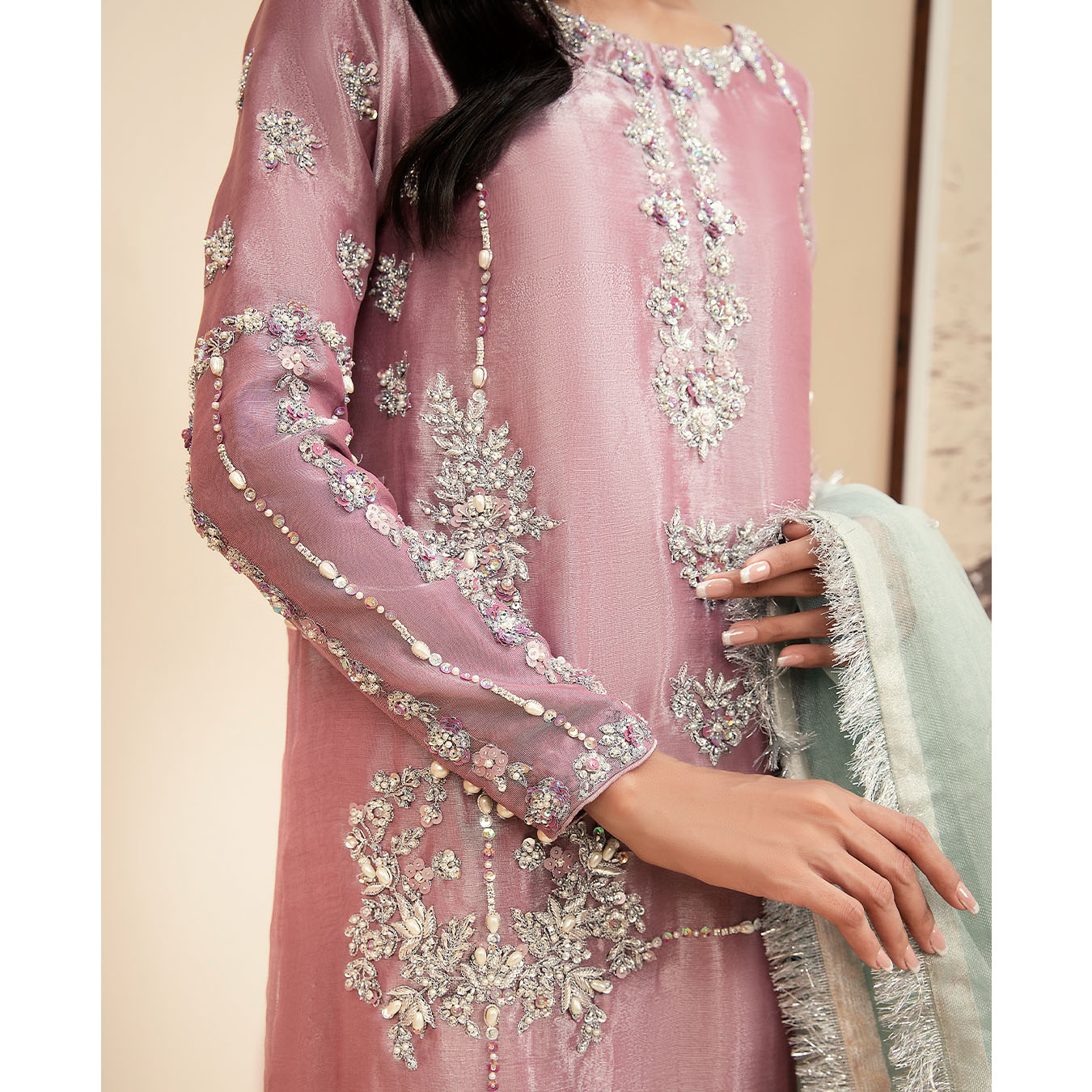 Mauve Embellished Pure Tissue Salwar Kameez (3-Piece) - Image 6