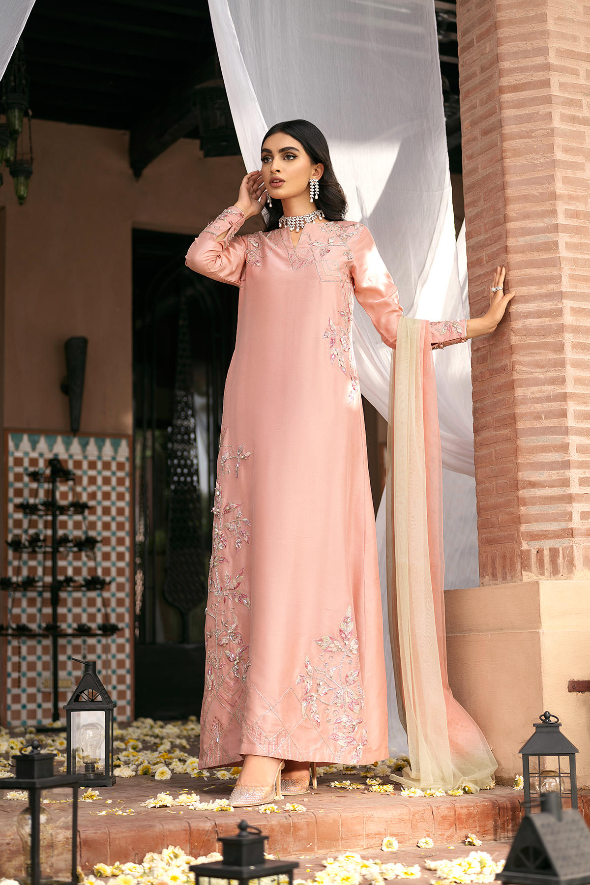 Pakistani Peach 3D Embroidered Raw Silk A-Line Salwar Kameez (3-Piece) - Image 1