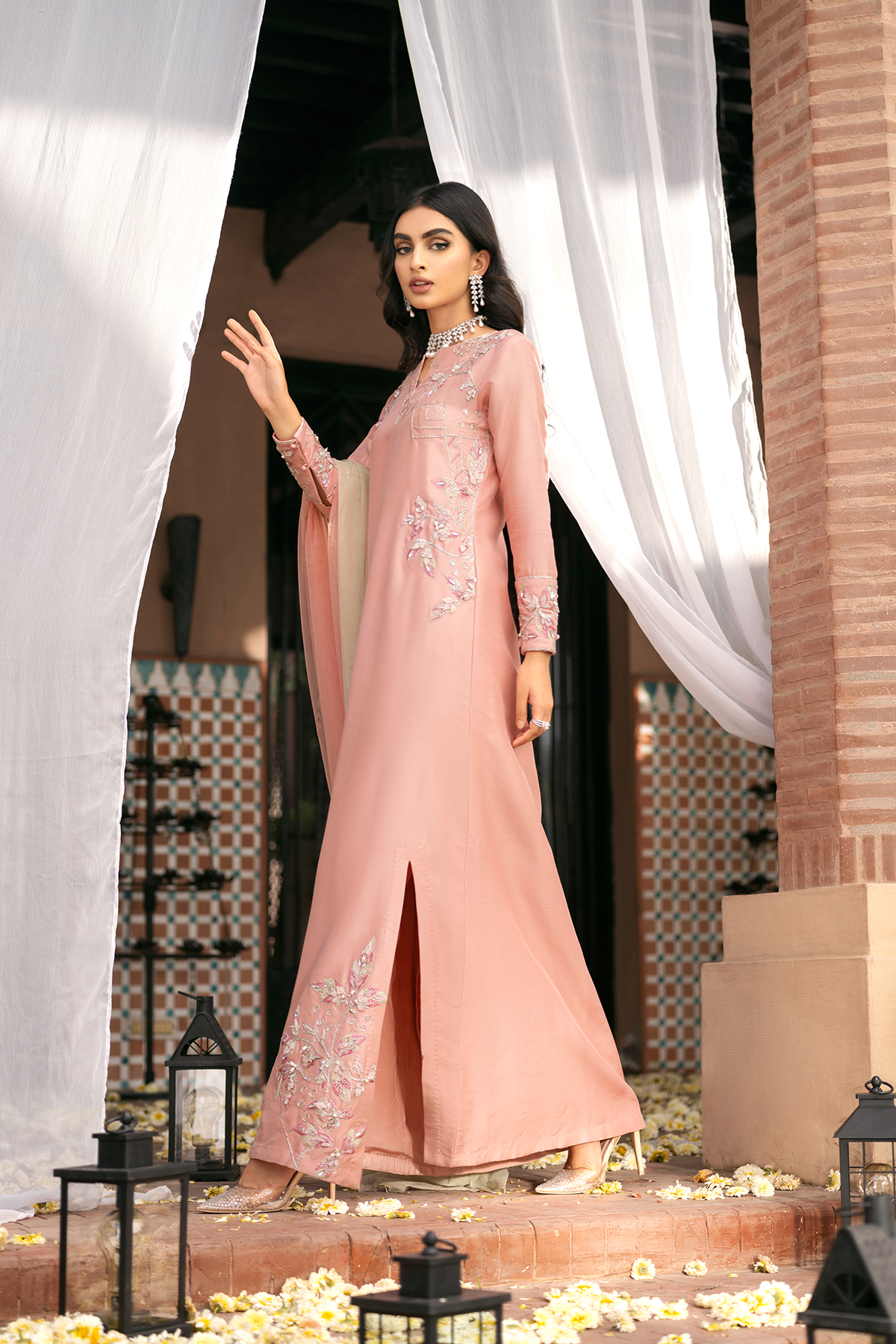 Pakistani Peach 3D Embroidered Raw Silk A-Line Salwar Kameez (3-Piece) - Image 2