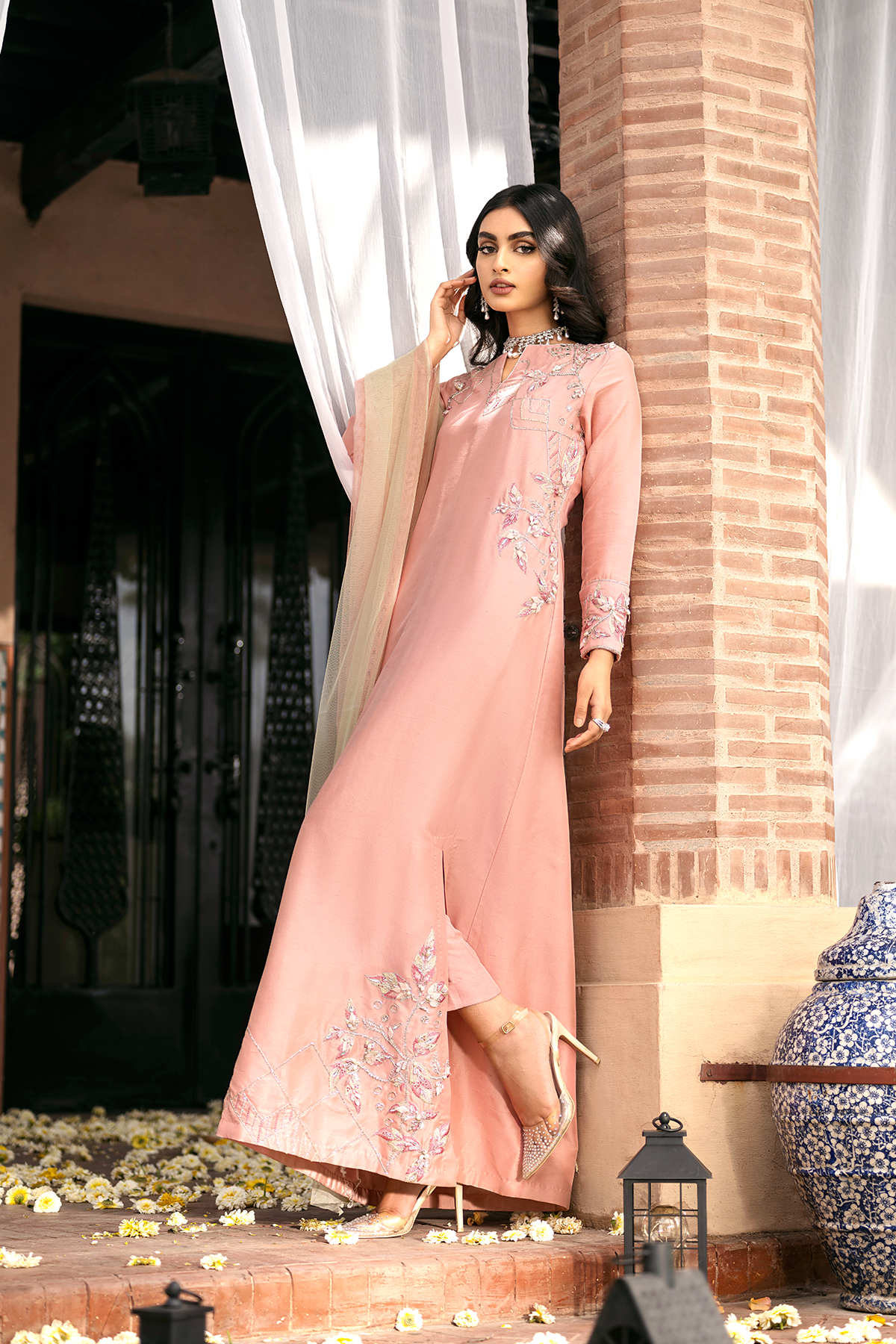 Pakistani Peach 3D Embroidered Raw Silk A-Line Salwar Kameez (3-Piece) - Image 3