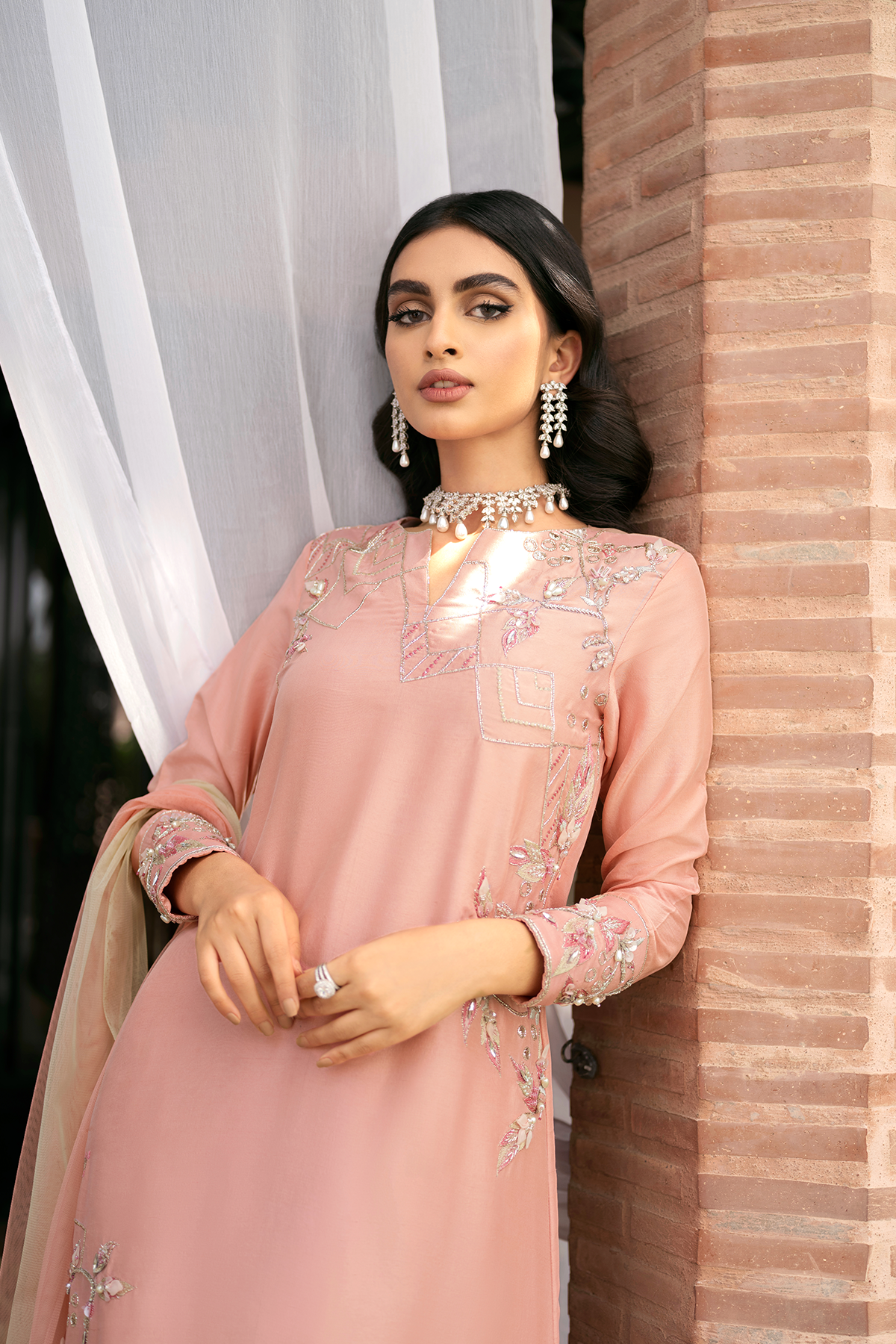 Pakistani Peach 3D Embroidered Raw Silk A-Line Salwar Kameez (3-Piece) - Image 4