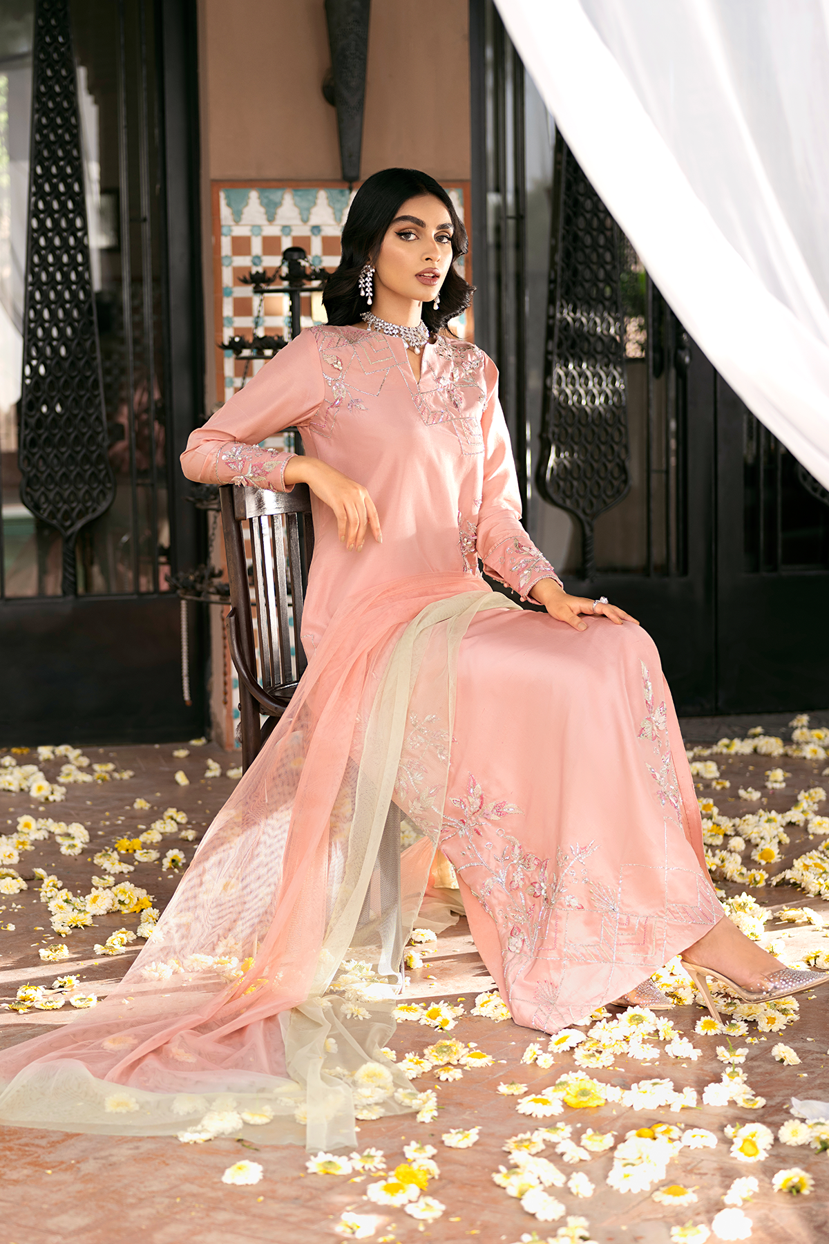 Pakistani Peach 3D Embroidered Raw Silk A-Line Salwar Kameez (3-Piece) - Image 5