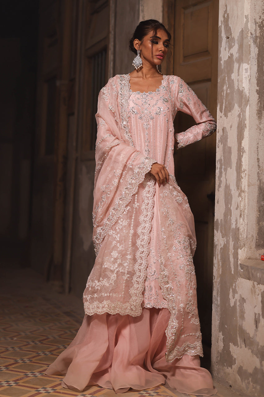 Pakistani Pastel Pink 3D Hand-Embroidered Raw Silk Salwar Kameez (3-Piece) - Image 10