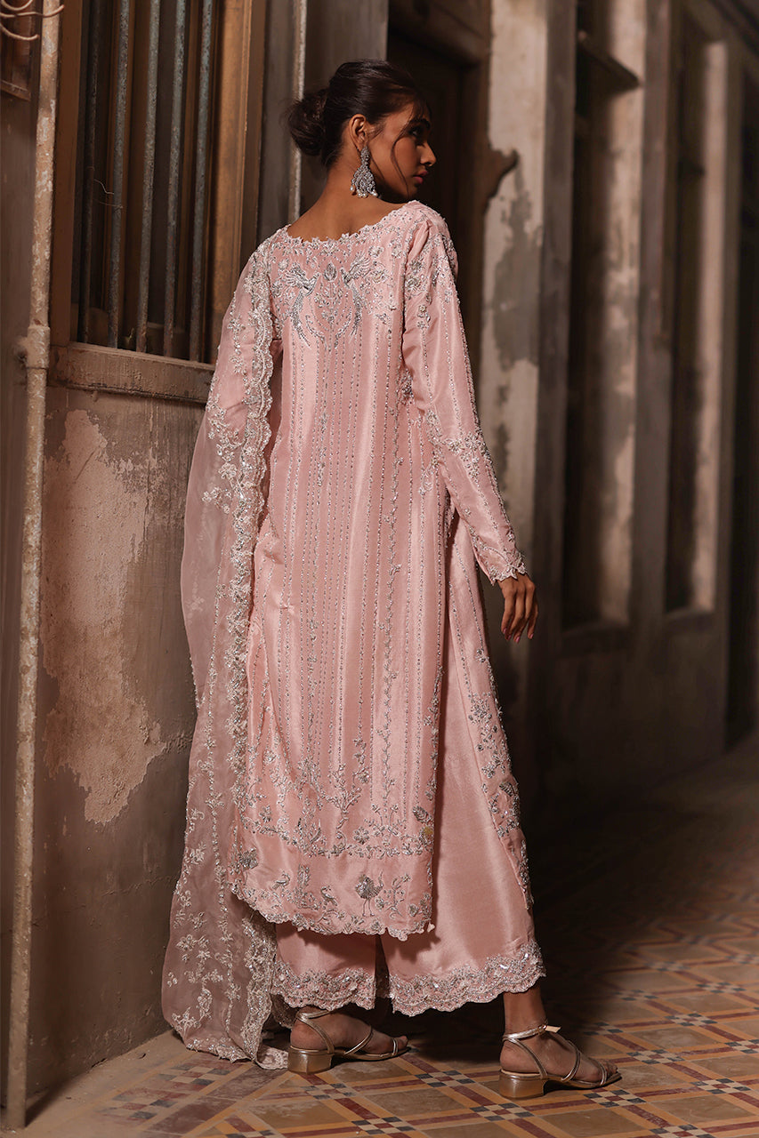 Pakistani Pastel Pink 3D Hand-Embroidered Raw Silk Salwar Kameez (3-Piece) - Image 2