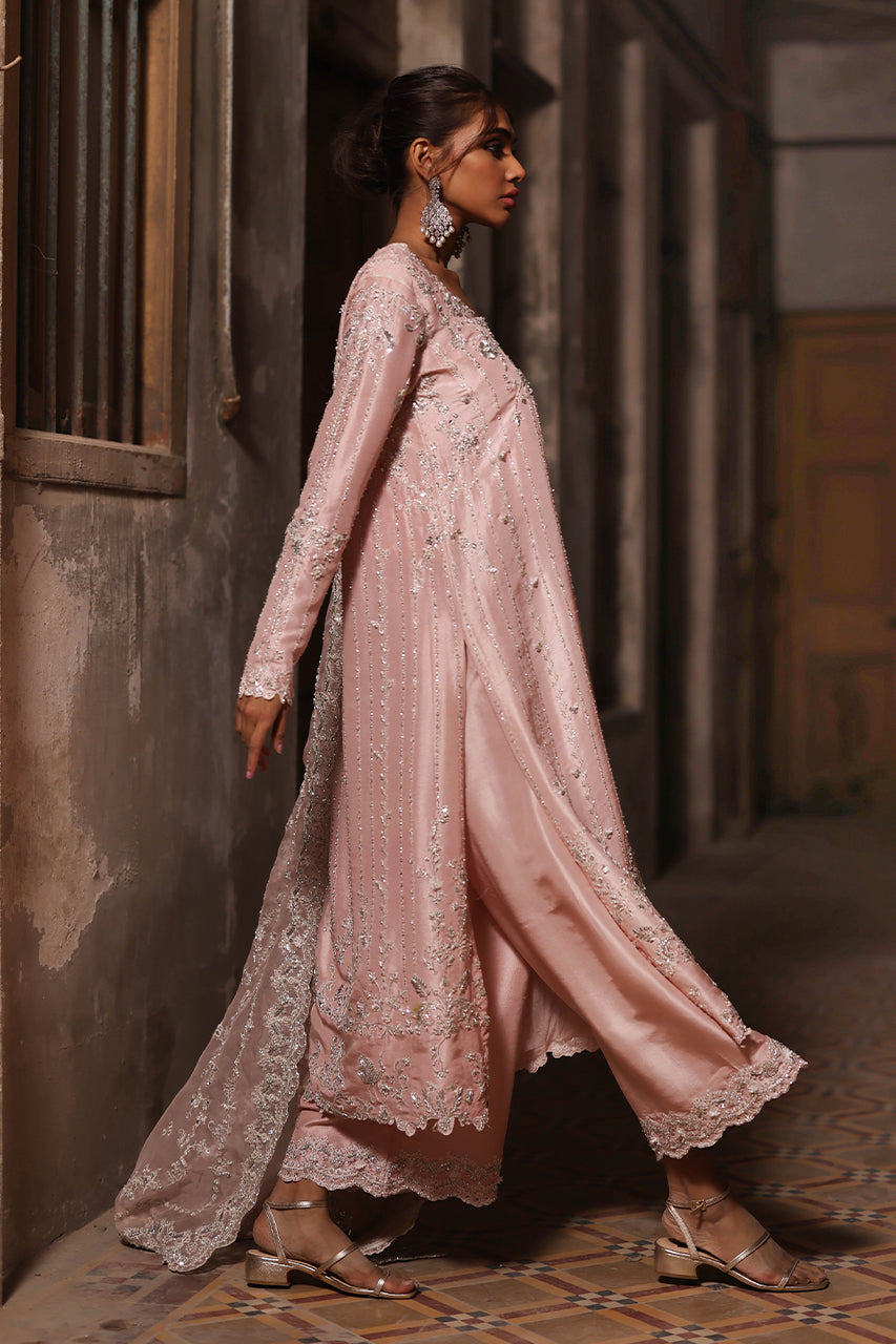 Pakistani Pastel Pink 3D Hand-Embroidered Raw Silk Salwar Kameez (3-Piece) - Image 3