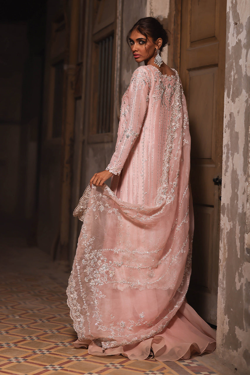 Pakistani Pastel Pink 3D Hand-Embroidered Raw Silk Salwar Kameez (3-Piece) - Image 5