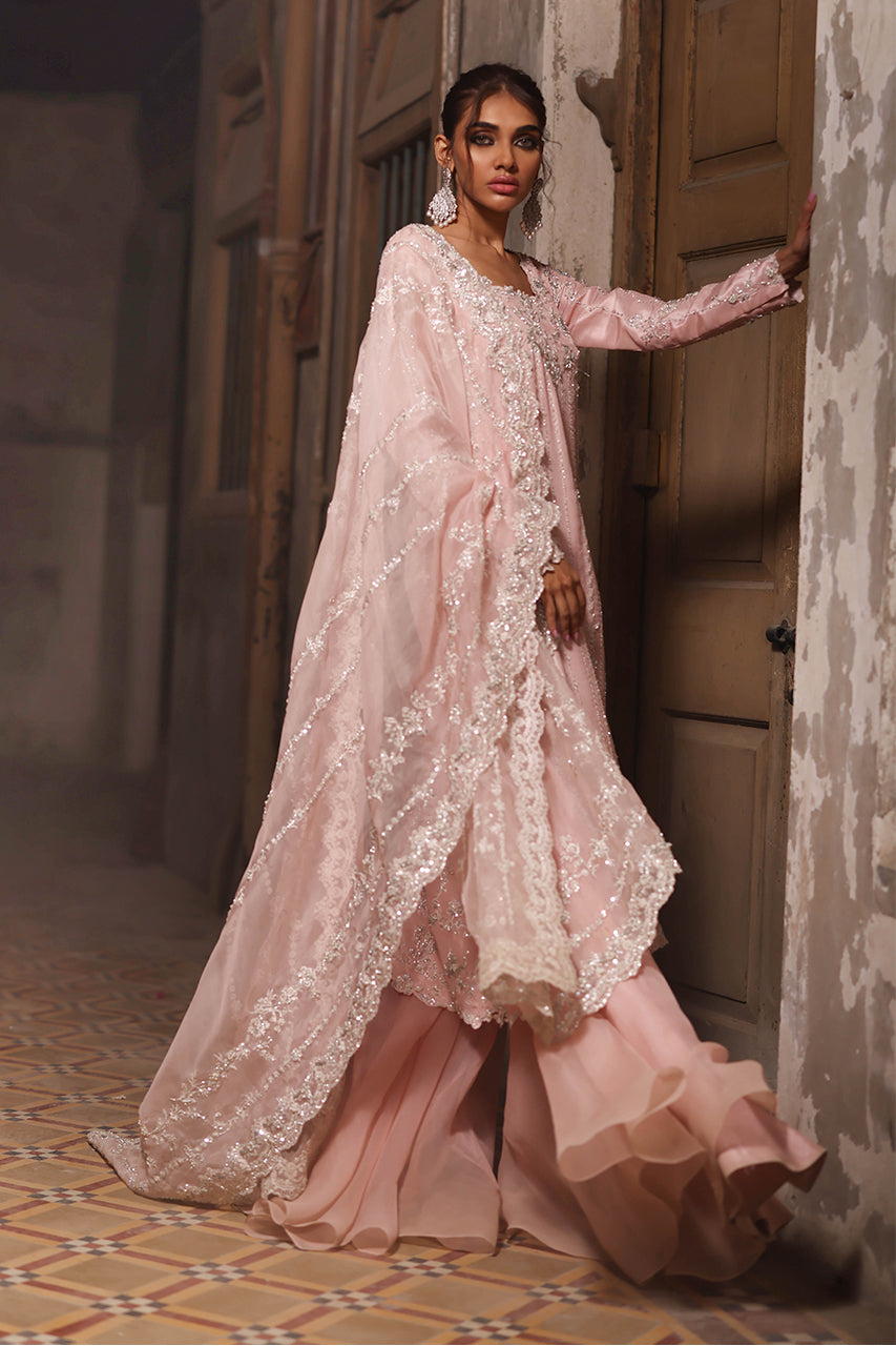 Pakistani Pastel Pink 3D Hand-Embroidered Raw Silk Salwar Kameez (3-Piece) - Image 9