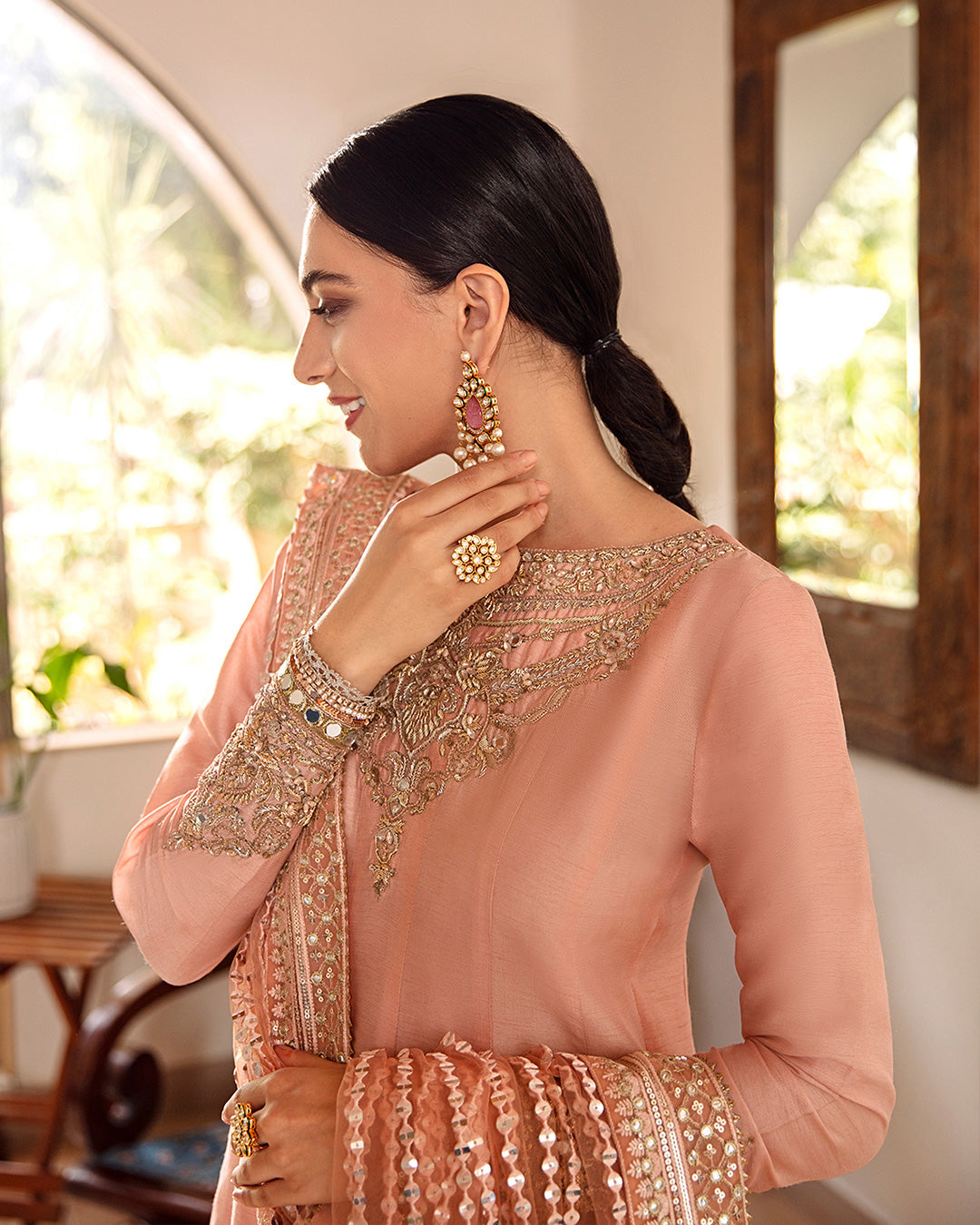 Blush Pink Embroidered Korean Raw Silk Anarkali (3-Piece) - Image 2