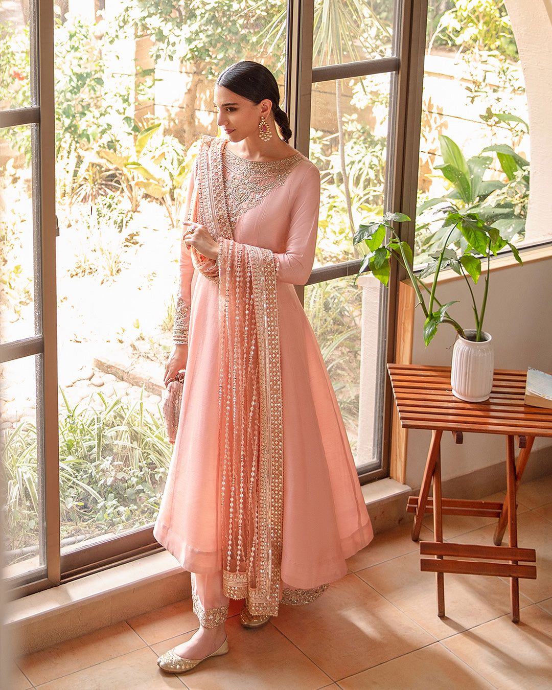 Blush Pink Embroidered Korean Raw Silk Anarkali (3-Piece) - Image 3