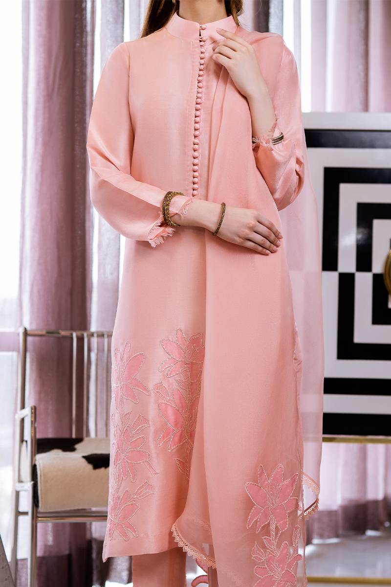 Pakistani Baby Pink Embroidered Korean Raw Silk Long Shirt (3-Piece) - Image 1