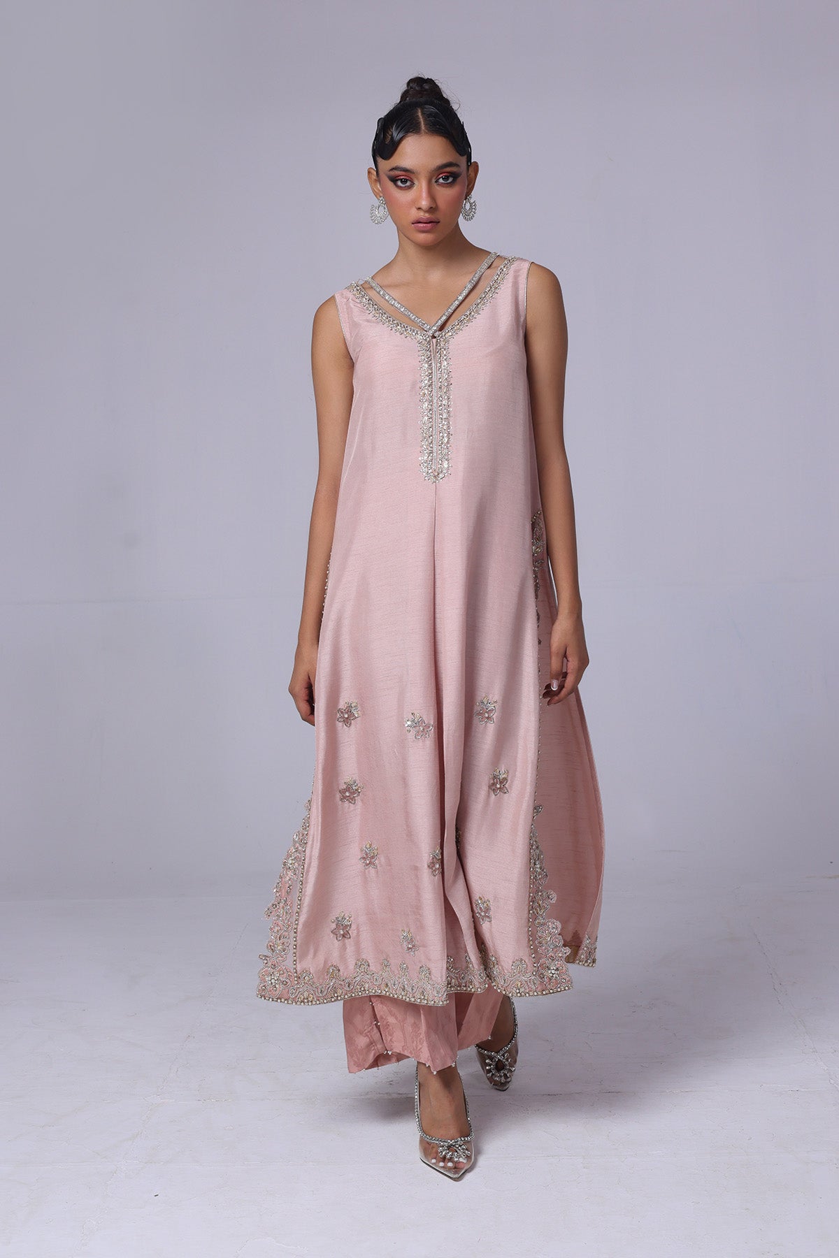 Pakistani Soft Pink Embellished Raw Silk Salwar Kameez (2-Piece) - Image 1