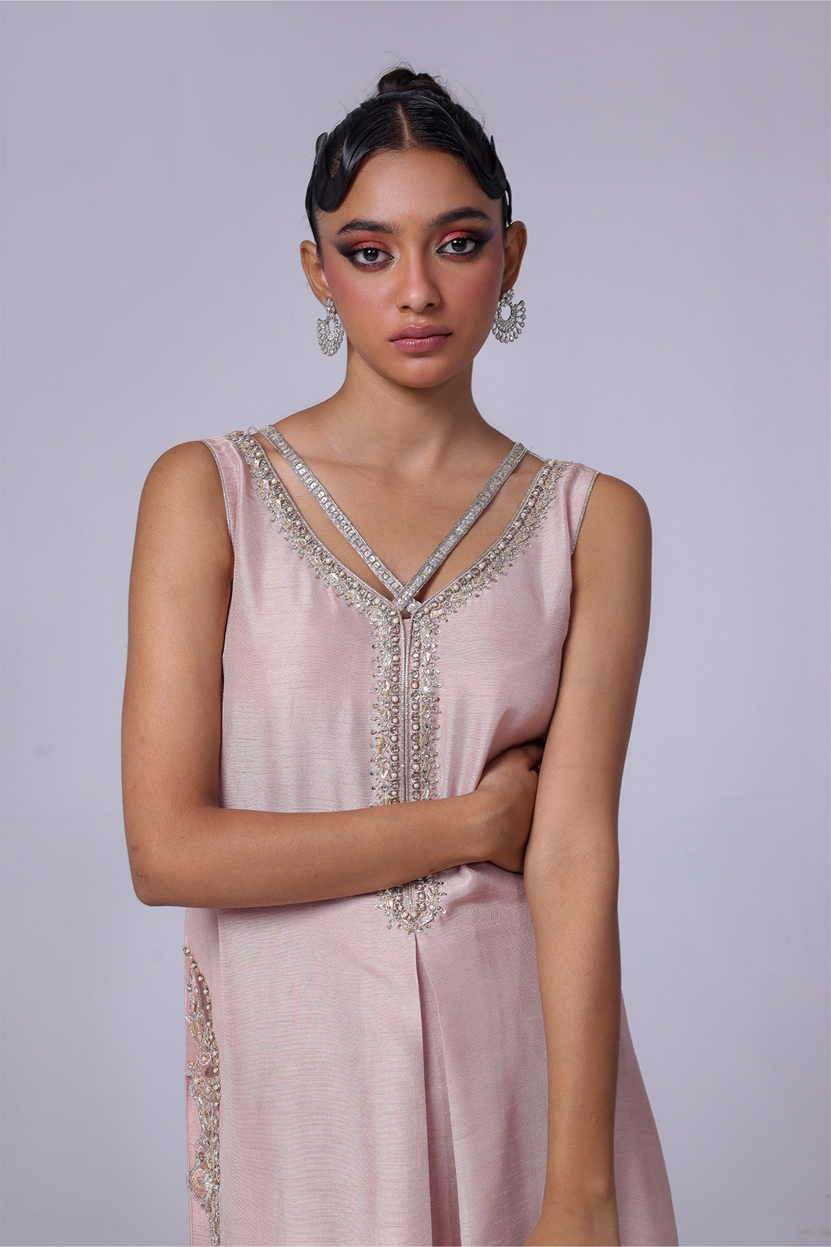 Pakistani Soft Pink Embellished Raw Silk Salwar Kameez (2-Piece) - Image 3