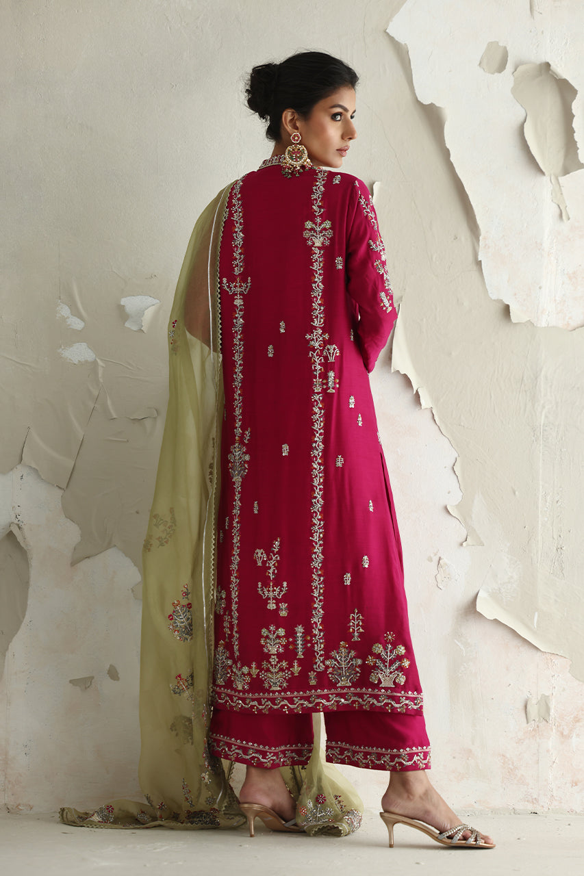Magenta Embroidered Raw Silk Salwar Kameez (3-Piece) - Image 2