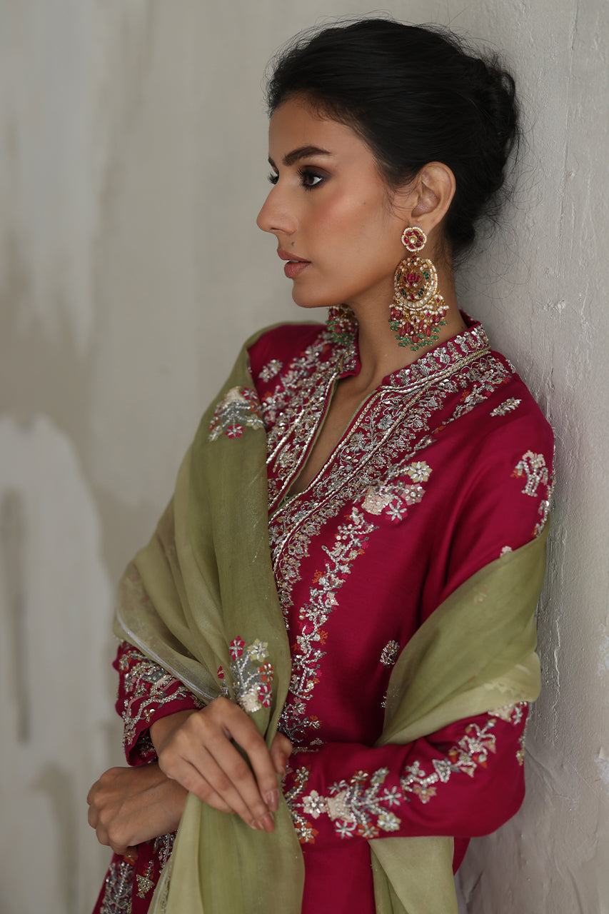 Magenta Embroidered Raw Silk Salwar Kameez (3-Piece) - Image 3