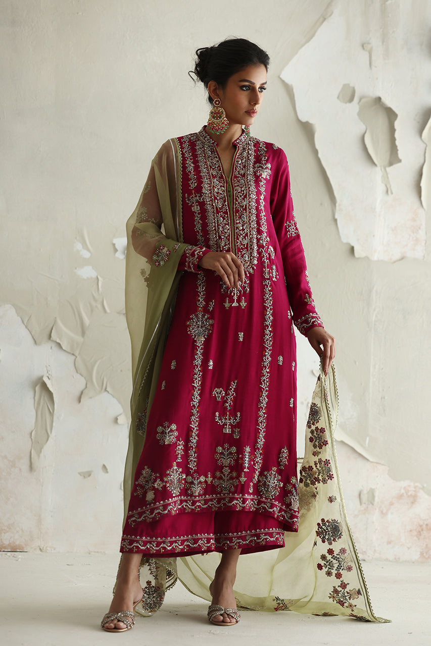Magenta Embroidered Raw Silk Salwar Kameez (3-Piece) - Image 5