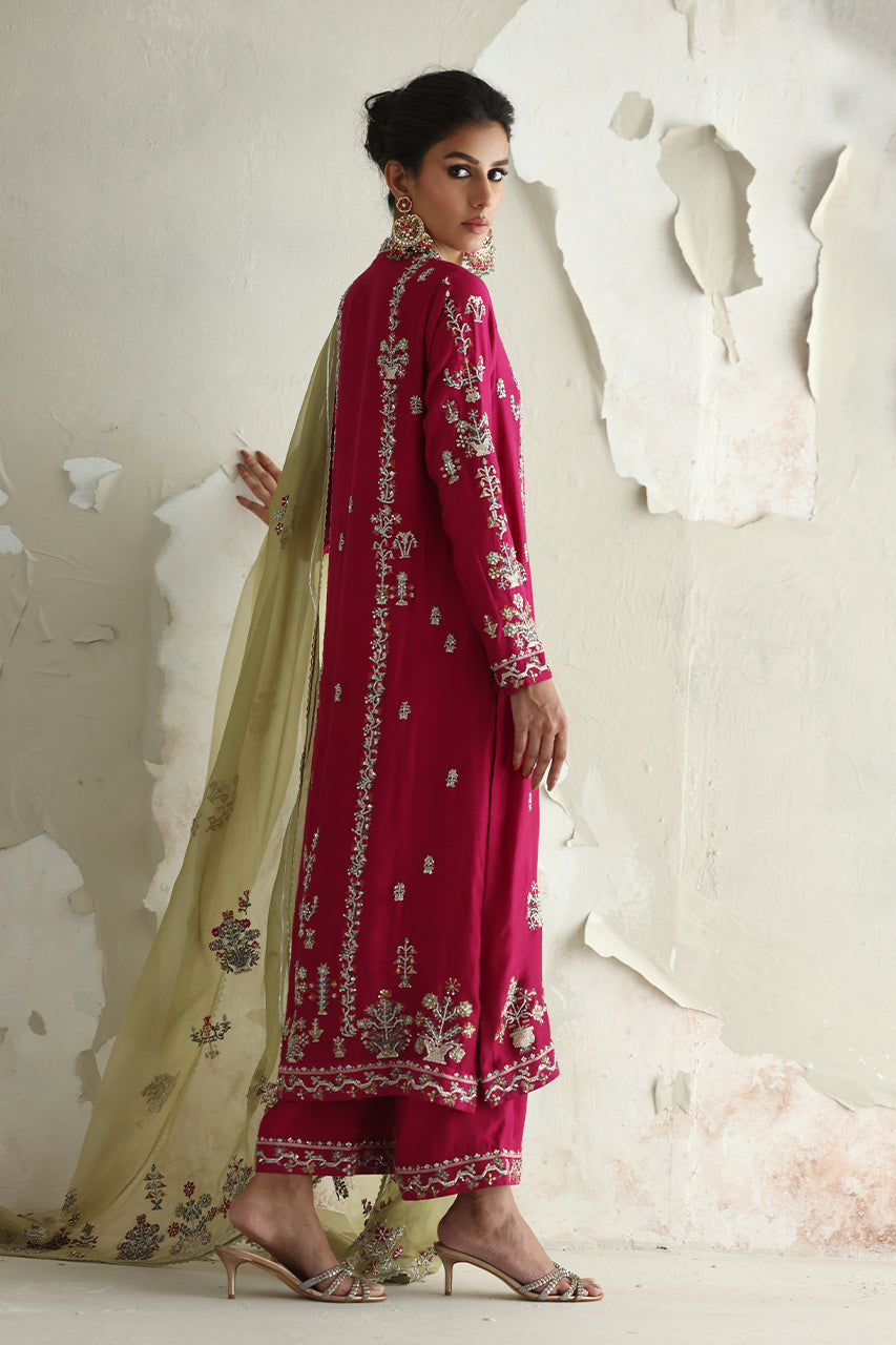 Magenta Embroidered Raw Silk Salwar Kameez (3-Piece) - Image 6