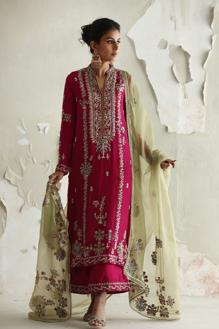 Magenta Embroidered Raw Silk Salwar Kameez (3-Piece) - Image 7