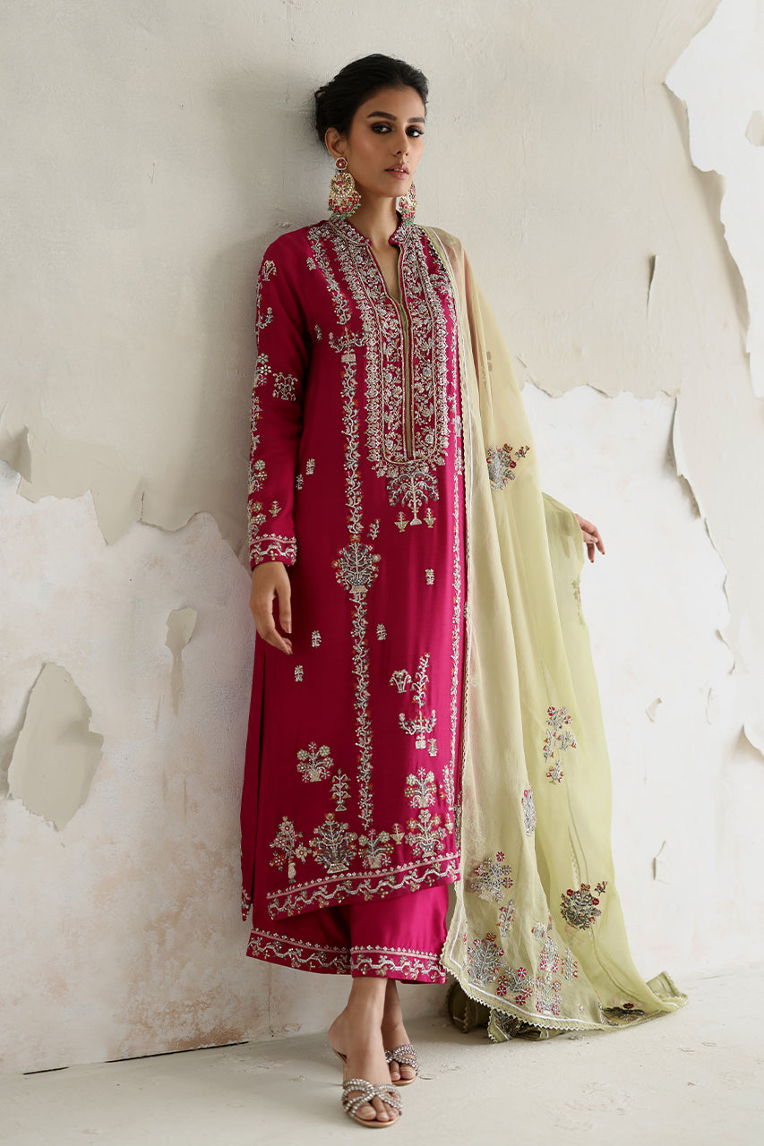 Magenta Embroidered Raw Silk Salwar Kameez (3-Piece) - Image 8