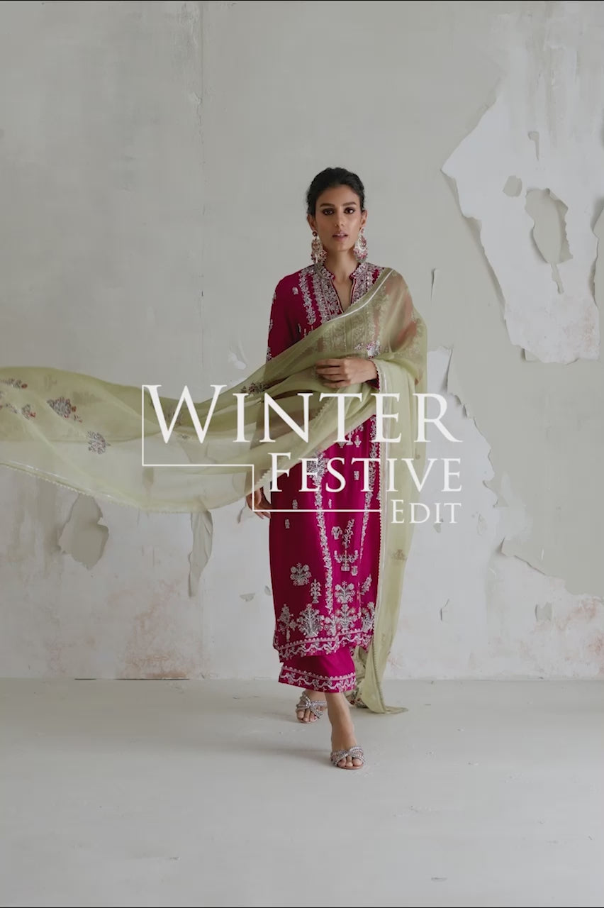 Magenta Embroidered Raw Silk Salwar Kameez (3-Piece) - Image 9