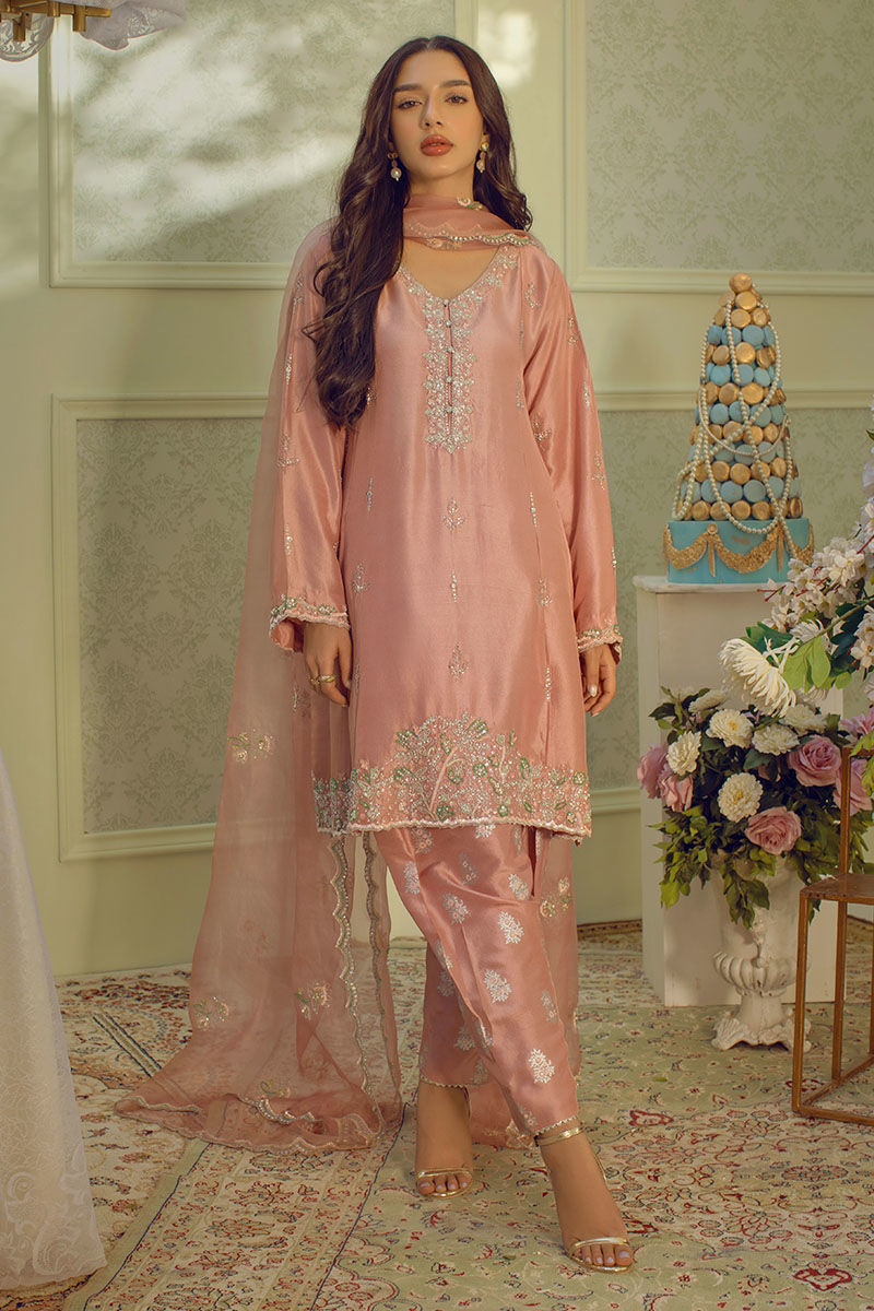 Pakistani Pastel Pink Cut Dana Raw Silk Salwar Kameez (3-Piece) - Image 1